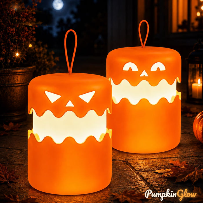 Two PumpkinGlow pumpkin lanterns glowing warm orange at night