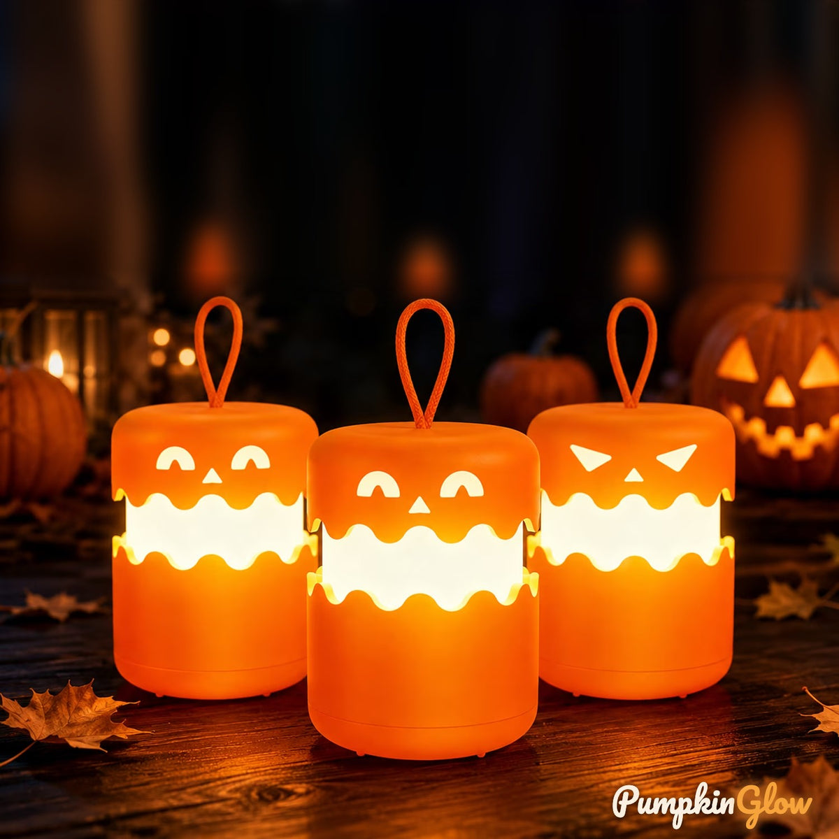 PumpkinGlow pumpkin lamp glowing on a nightstand