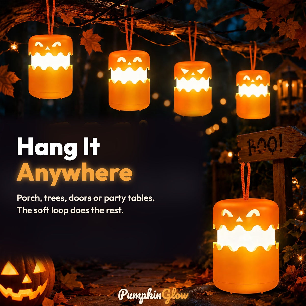 PumpkinGlow lanterns hanging on a porch