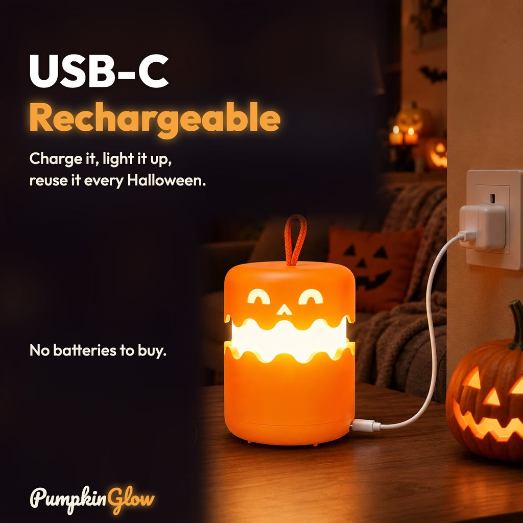 PumpkinGlow lantern charging with a USB-C cable