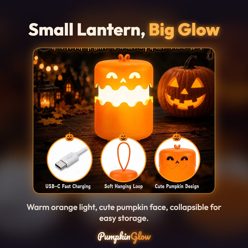 PumpkinGlow lantern features: USB-C charging, soft hanging loop, cute pumpkin design