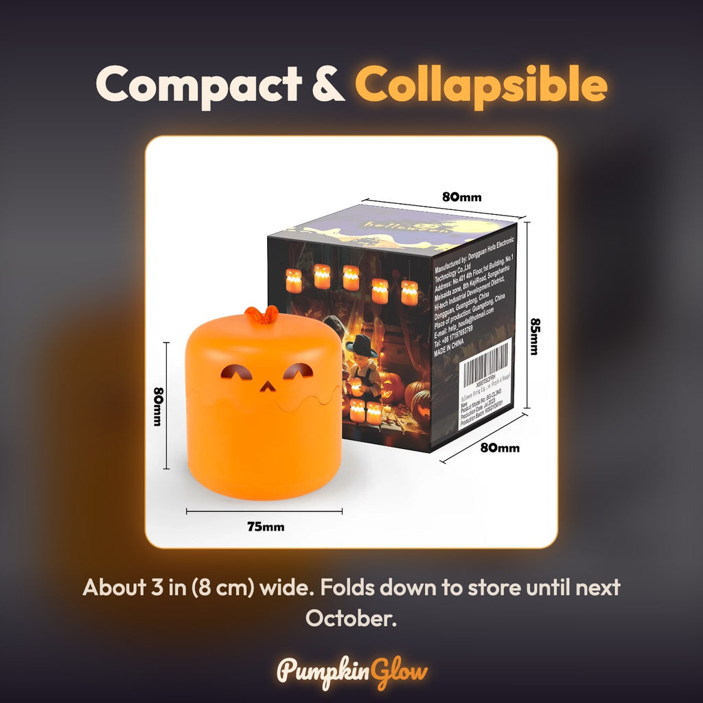 PumpkinGlow lantern size: about 3 inches wide, collapsible